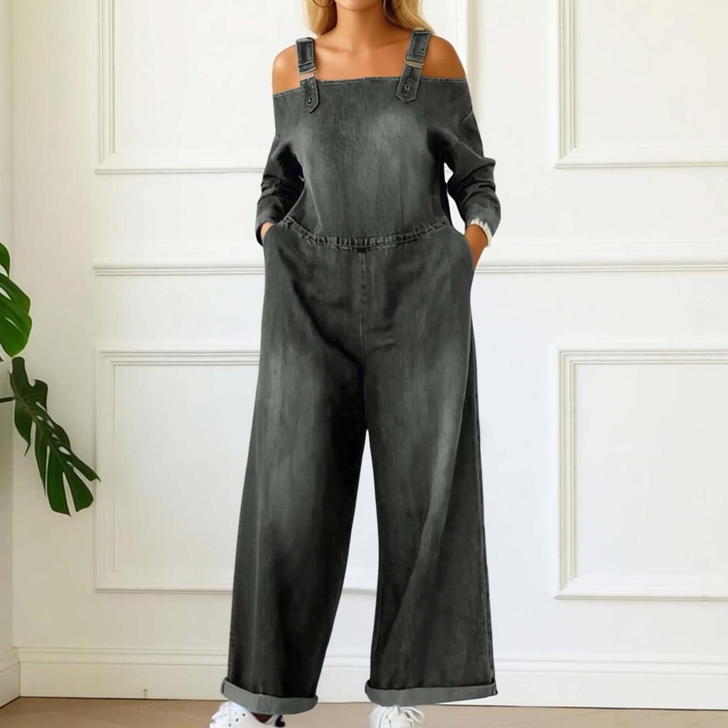 Ladies' Casual Denim Printed Long Sleeved Loose Pocket Jumpsuit