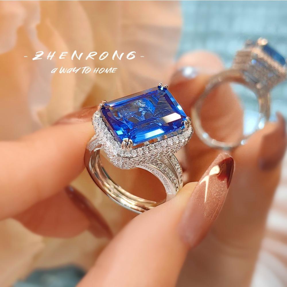Luxury Open Ring Blue Spinel and Ruby Gemstone with Diamond Setting for Women Stylish Square Emerald Cut Jewelry