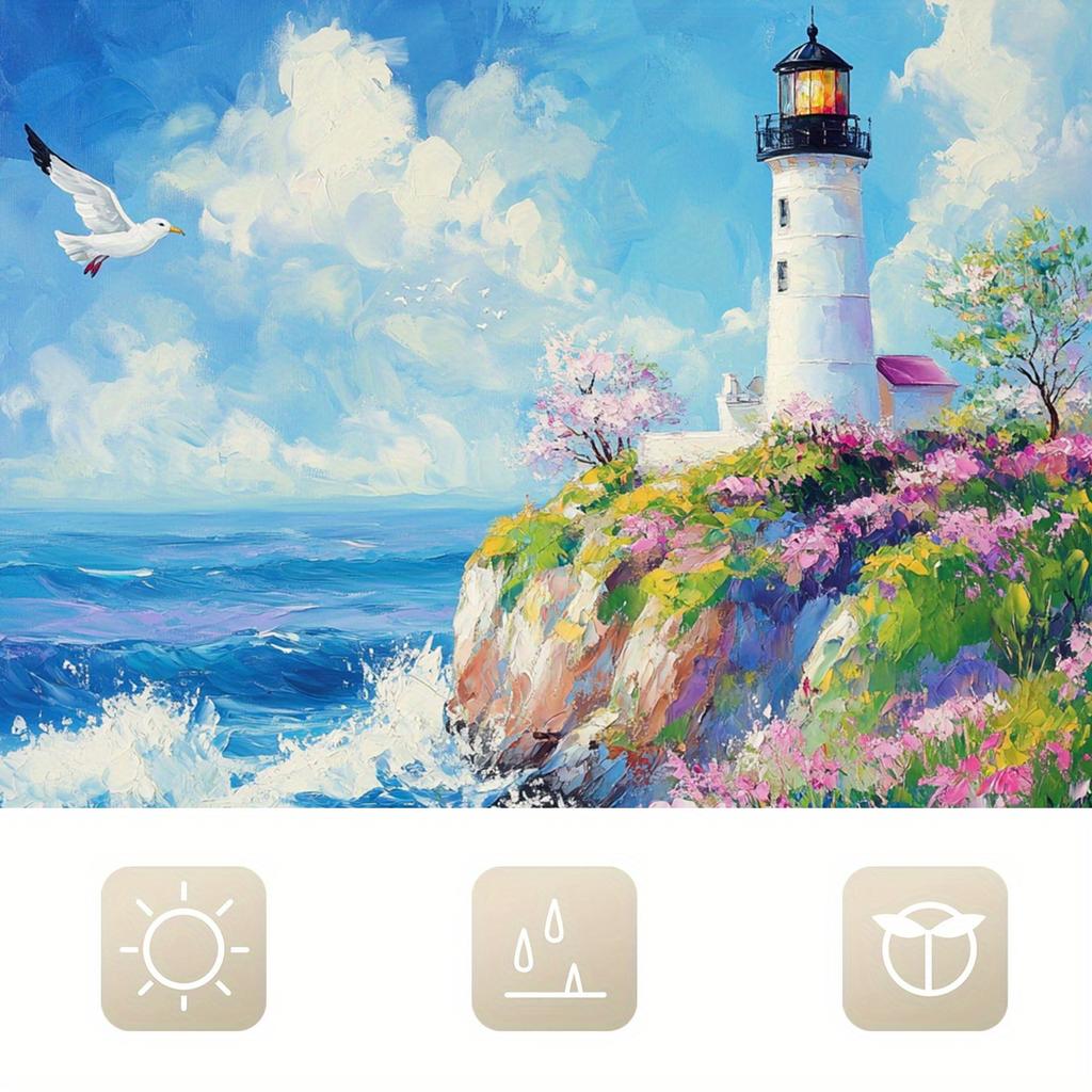 1Pcs Coastal Lighthouse Theme Digital Printed Shower Curtain, Waterproof Polyester Fabric, With Hooks, Machine Washable