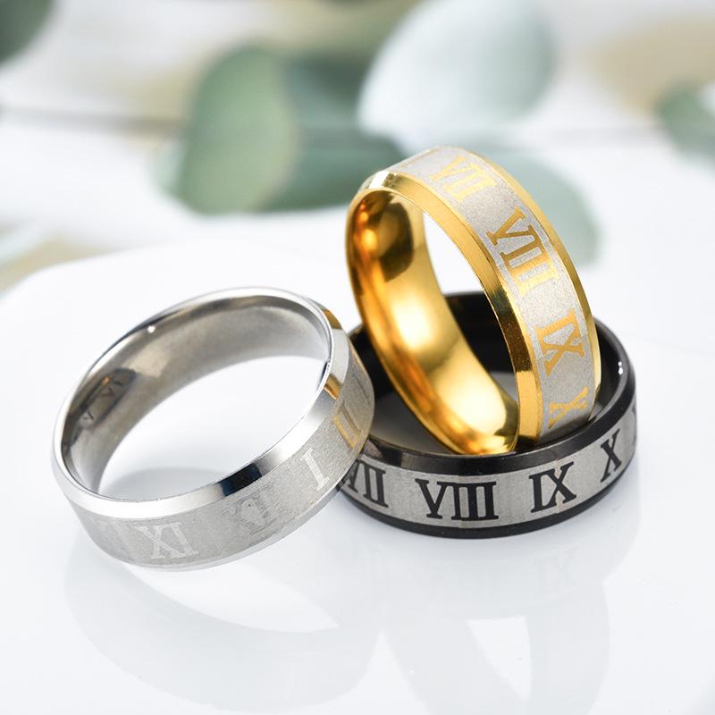 New Men's Titanium Steel Black Couple Roman Numeral Men's Ring