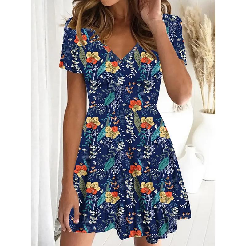 

Летняя мода женские V-образный вырез короткий рукав красивые цветы принтованные платья сексуальные короткие юбки платья 8XL темно-синий