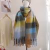 Winter Plaid Tassel Scarf for Women Autumn and Winter Rainbow Color Blocked Imitation Cashmere Mohair Shawl Thickened Scarf for Women