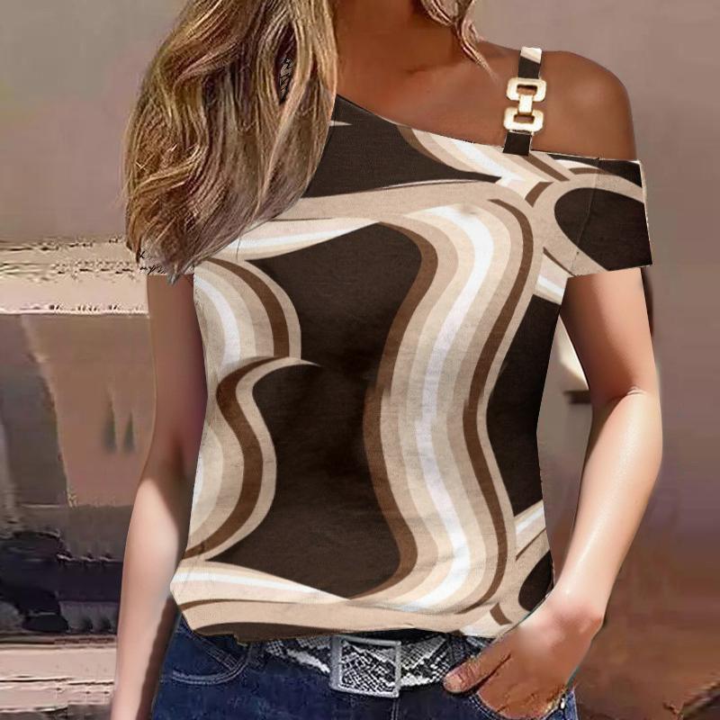 

Женская летняя простая футболка с металлическими пуговицами и короткими рукавами с принтом сверху XXL