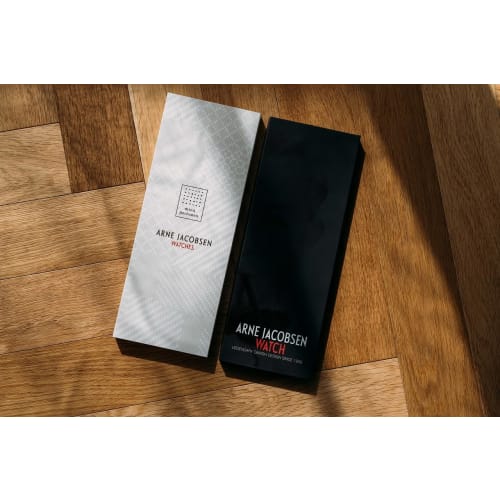 ARNE JACOBSEN x mina perhonen 34mm Scandinavian design watch with land puzzle strap, STATION 53411-1686BP, white and dark gray