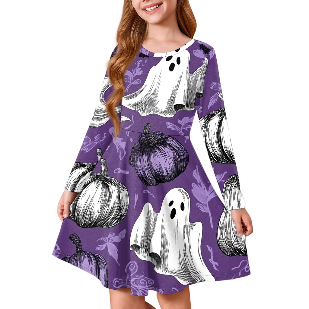 Girls' Summer Princess Dress Halloween Day- Long Sleeve A-Line T-Shirt Dress