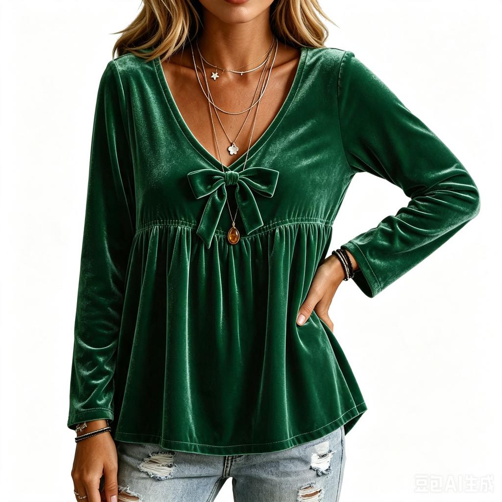Women's Casual V-Neck Long Sleeve Velvet Top with Loose Fit Blouse