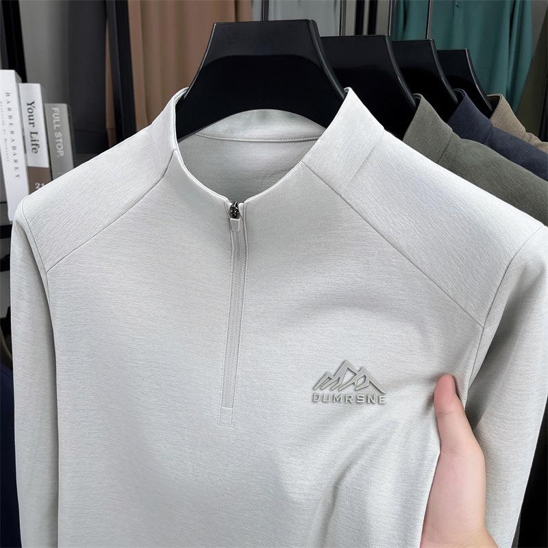 Men's 2025 Solid Color Stand Collar Zipper T-Shirt - Long Sleeve Casual Autumn Pullover