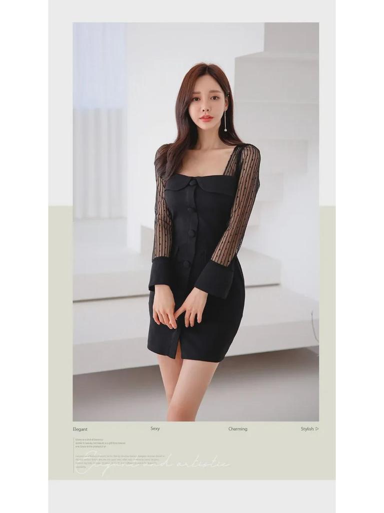 Hepburn Style Korean Dress: Square Collar, Mesh Sleeves, Elegant Hip Skirt for Women - Autumn Collection