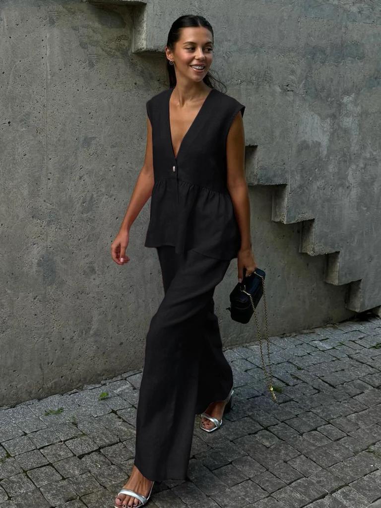 Women 2 Piece Outfit Sleeveless V-Neck Button Vest Top Long Pants Set Solid Color Cotton Elegant Commuter Suit