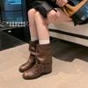 Genuine leather~ retro trouser tube short boots women's thick heel 2025 new pleated stacked Martin boots western cowboy knight boots