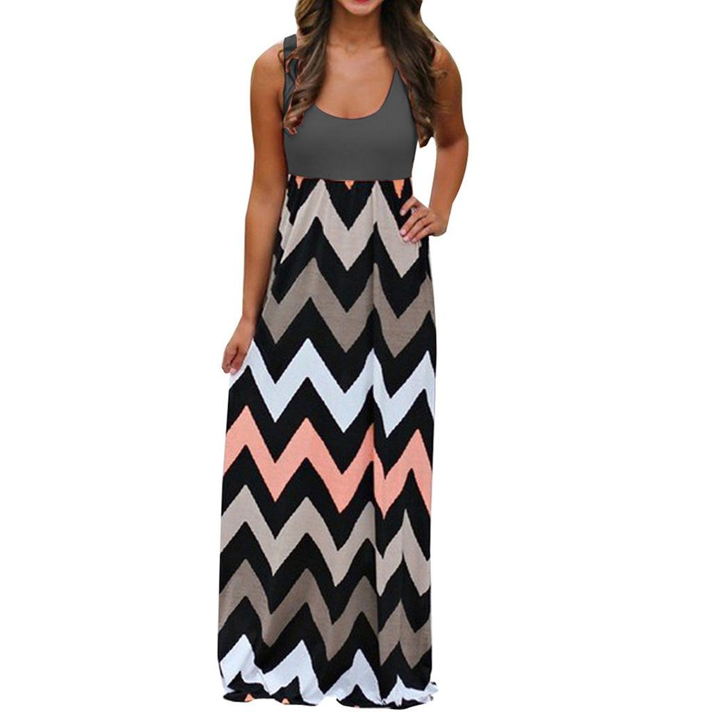 Womens Striped Long Boho Dress Lady Beach Summer Sundrss Maxi Dress Plus Size