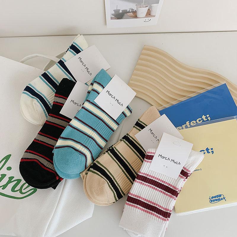 Socks Season Casual Stripes Fresh And Sweet Cotton Socks Trendy Simple Mid-Tube Stacking Socks