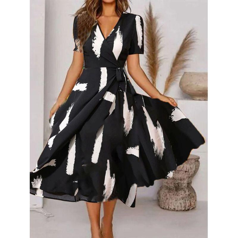 Women's Printed V-neck Short Sleeve Dress Women's Print Short Sleeve Dress