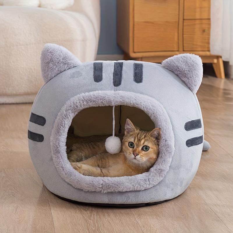 Semi-enclosed cat-shaped pet bed, washable all-season nest with non-slip bottom for cats & small dogs