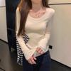 Korean Style Slim Fit U-Neck Long Sleeve Knitted Top for Women - Early Autumn 2024 Fashion Versatile Base Shirt