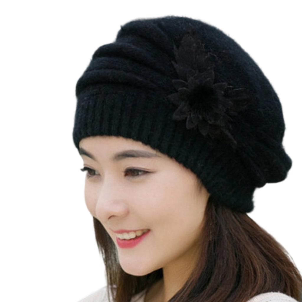 Fashionable Beret Hat With Plush Rabbit Furs Flower Decors Pullover Brimless Hat for Women Office Winter Head Accessory