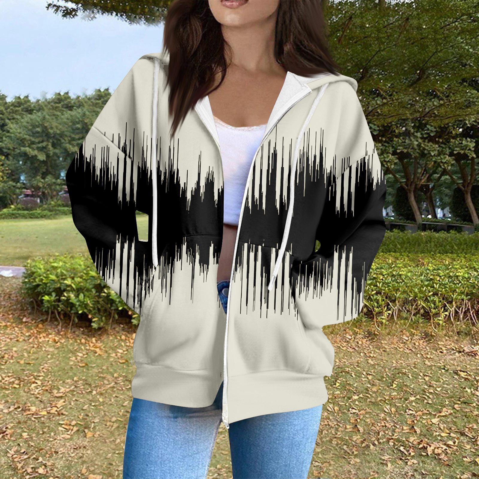 Women s Casual Fashion Long Sleeve Zipper Gradient Stripe Printed Hooded Sweatshirt XXL