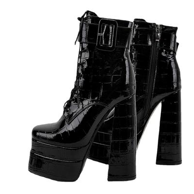 Sexy Damen Plateaustiefel Gürtelschnalle Mittelhohe Stiefel Coole Superhohe Absatzstiefel Dicke Absatz Reißverschluss Schuhe