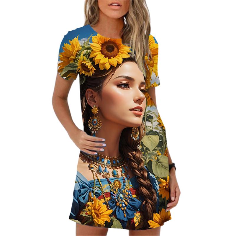 Elegant 3D Abstract Oil painting figures Print Women Dress New 2024 Summer Clothing Dress Short Sleeve Loose Casual A-Line Dress
