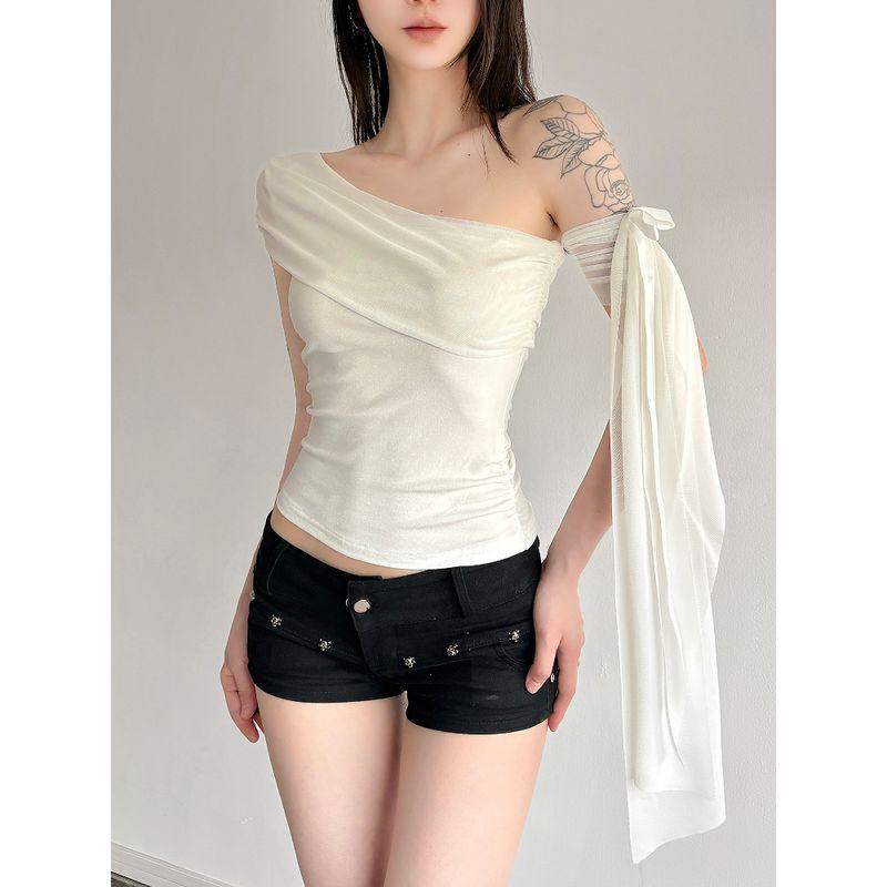 H Home European and American Women's Clothing Cool Fancy Oblique Shoulder Ribbon Design Tops Asymmetrical Ruched Pure Color Dancing T-shirt