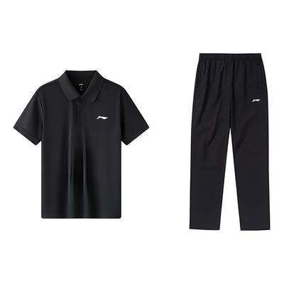Li Ning Plain Logo Pullover Short Sleeve Polo Shirt Mid Waist Mid Tube Casual Sports Suit Men Suit APLT139-1+AYKT413-1