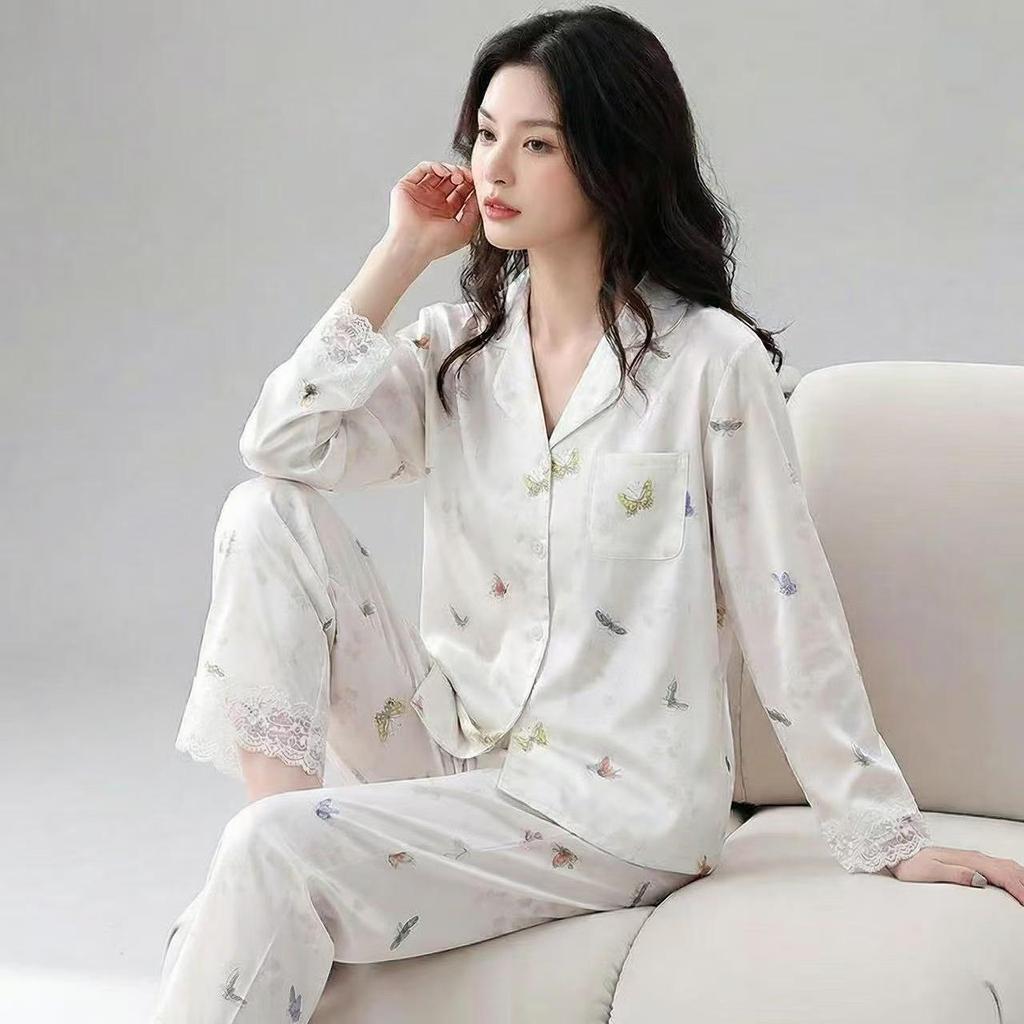 Little Butterfly Women's Spring Color Silk Pajama Set - Long Sleeve, Long Pants, Lace Trim, Button-Up- Can Be Worn Outdoors.