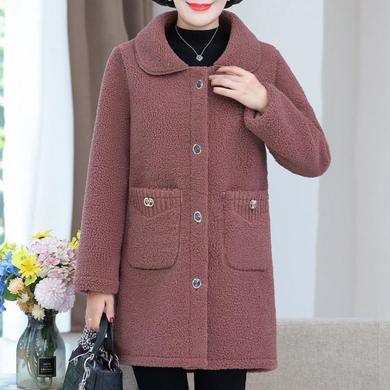 Mom Lamb Wool Jacket Winter Women's Plush Integrated Medium and Long Imitation Leather Plush Thickened Top Granular Plush