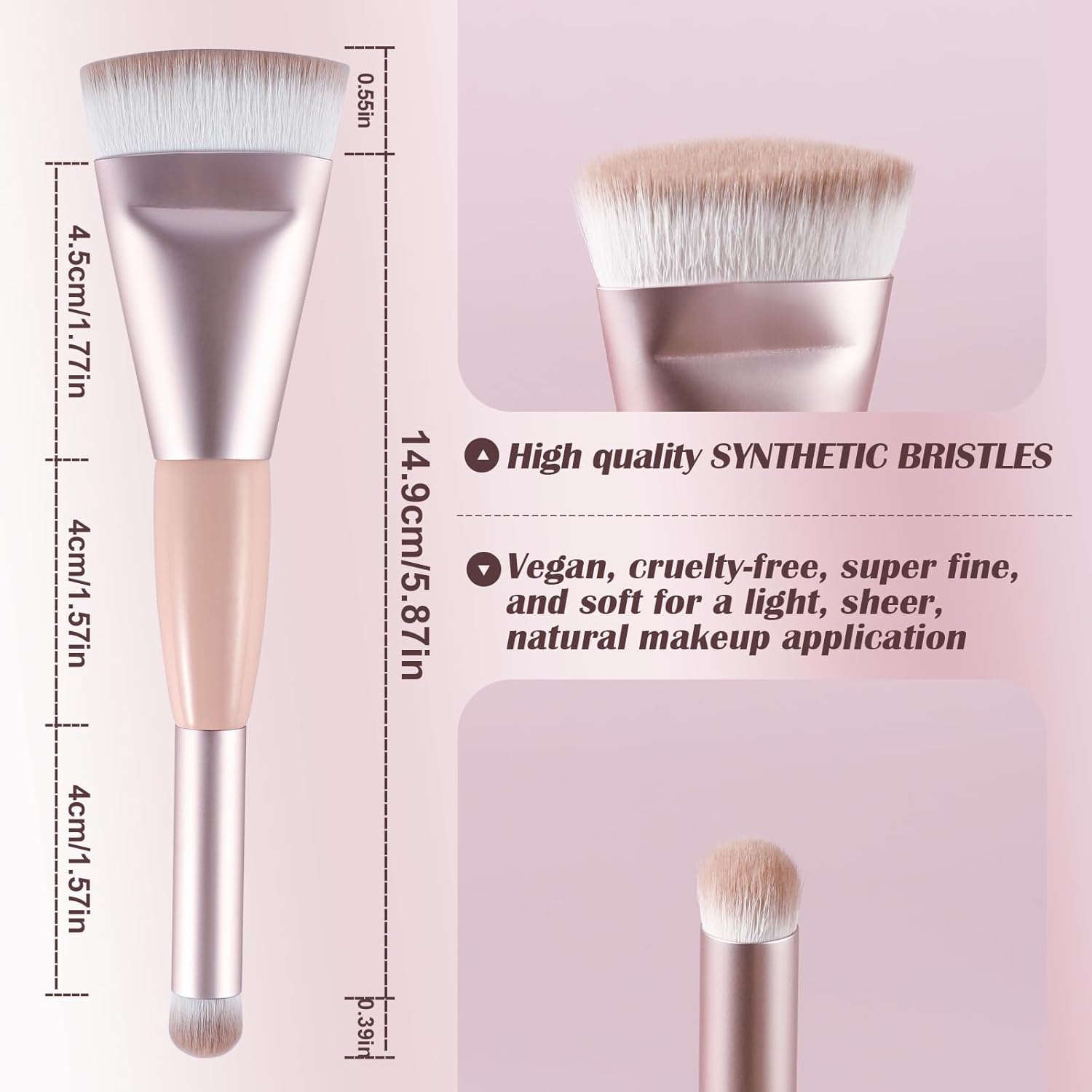 Dual Ended Foundation Brush, Flat Professional Makeup Brush. Vegan synthetic makeup brush ideal for Flawless Blending and Application of Liquid,
