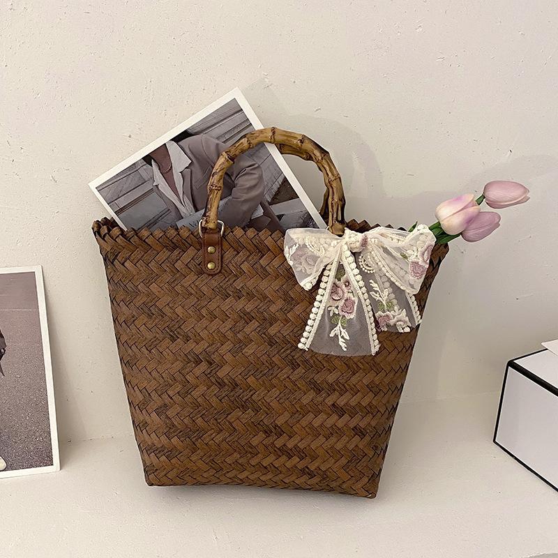 Yogodlns Borsa a mano da donna in paglia intrecciata, casual, fatta a mano, con design cavo in rattan, stile bohémien, per la spesa estiva da viaggio e da spiaggia