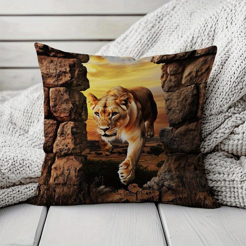 Wildlife Safari Style Pillow Covers, Realistic Lioness In 3D Wall Breakthrough Print Cushion Cases, Cozy Home Decor For Bedroom