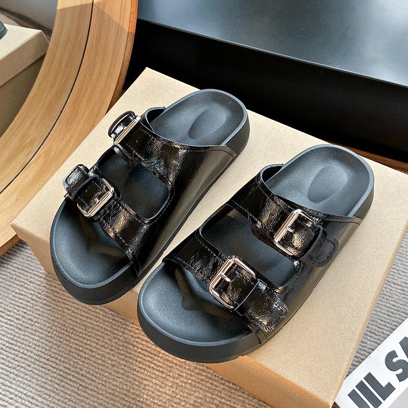 

Женские летние тапочки для улицы, новые, на толстой подошве, повседневные, нескользящие, с мягкой подошвой, пляжные сандалии на одно слово, ретро, обувь для отпуска 40 чёрный