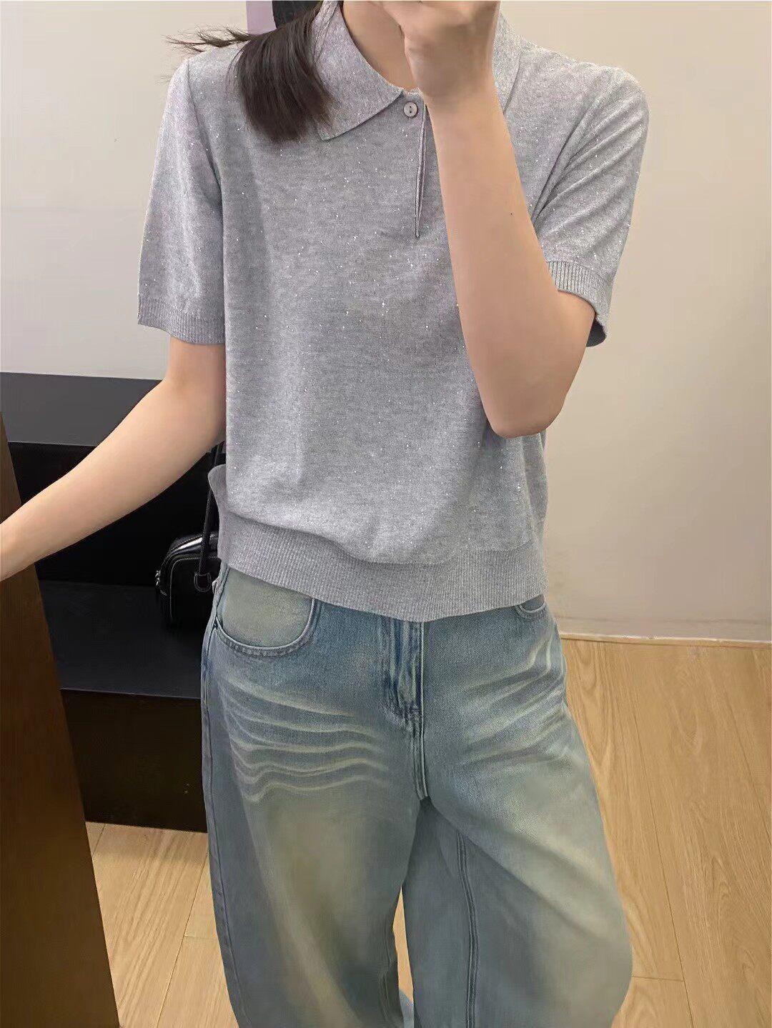 

Korean Style Glitter Rhinestone Polo Knit Top for Women - Short Sleeve, Summer Casual Slim Fit One Size серый