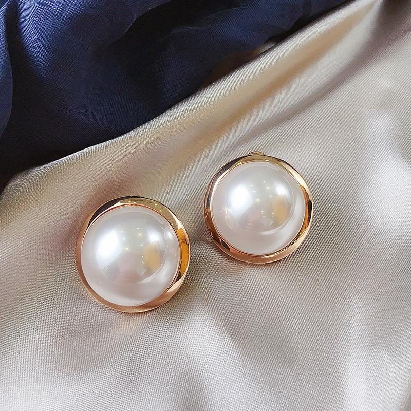 Korean Big Round Simulated Pearl Stud Earrings For Women  Classic