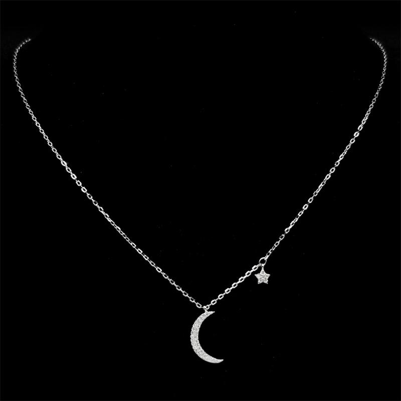 Luxury 925 Sterling Silver Crescent Moon Star Zircons Pendant Necklace for Women Girl Islamic Charms Choker Chain Jewelry Gift