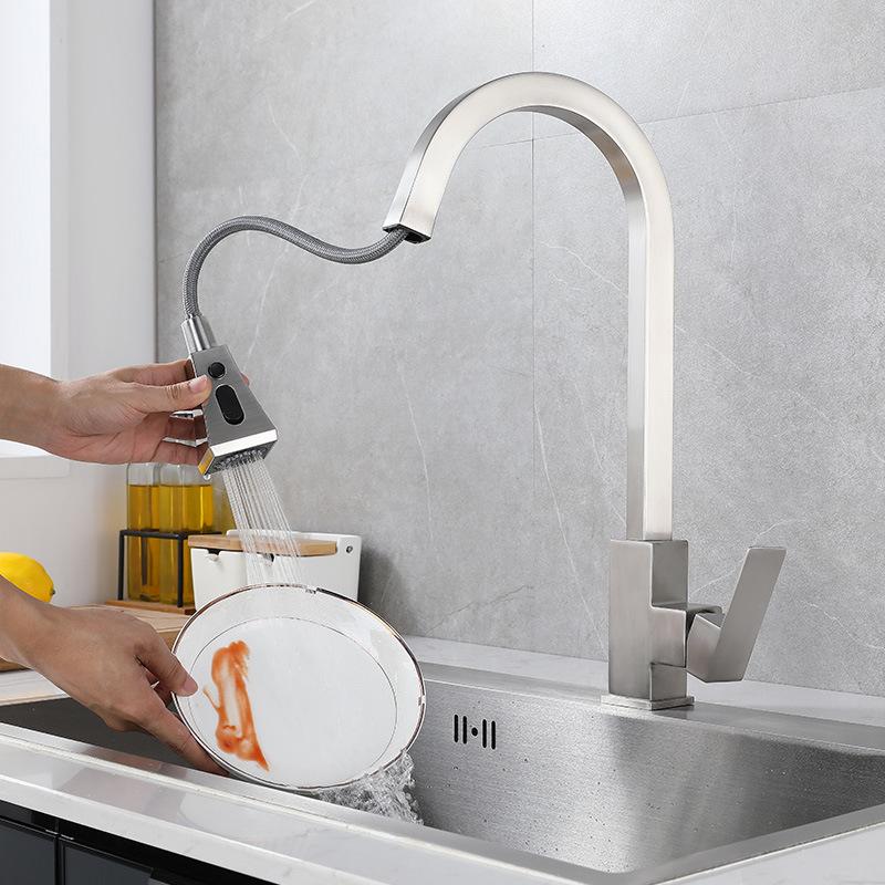 Nickel Kitchen Pull-out Faucet 304 Stainless Steel Double Mode Hot And Cold Mixed Wash Basin Faucet Square Kitchen Sink Faucet