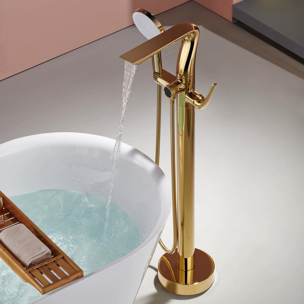 Rose Gold Bathtub Faucet Set Brushed Gold Floor Standing Bathtub Mixer Black Bathtub Faucet Rotation Spout with Handshower Head