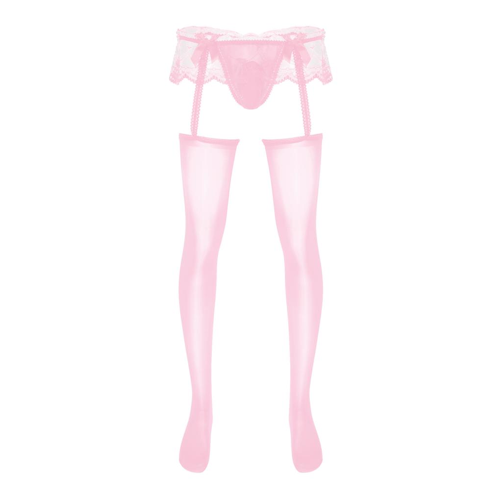 Mens Exotic Sheer Lace Briefs with Stocks Cutout Pantyhose Bulge Pouch G-Strings Glossy Garters Leggings Sissy Nightwears Party