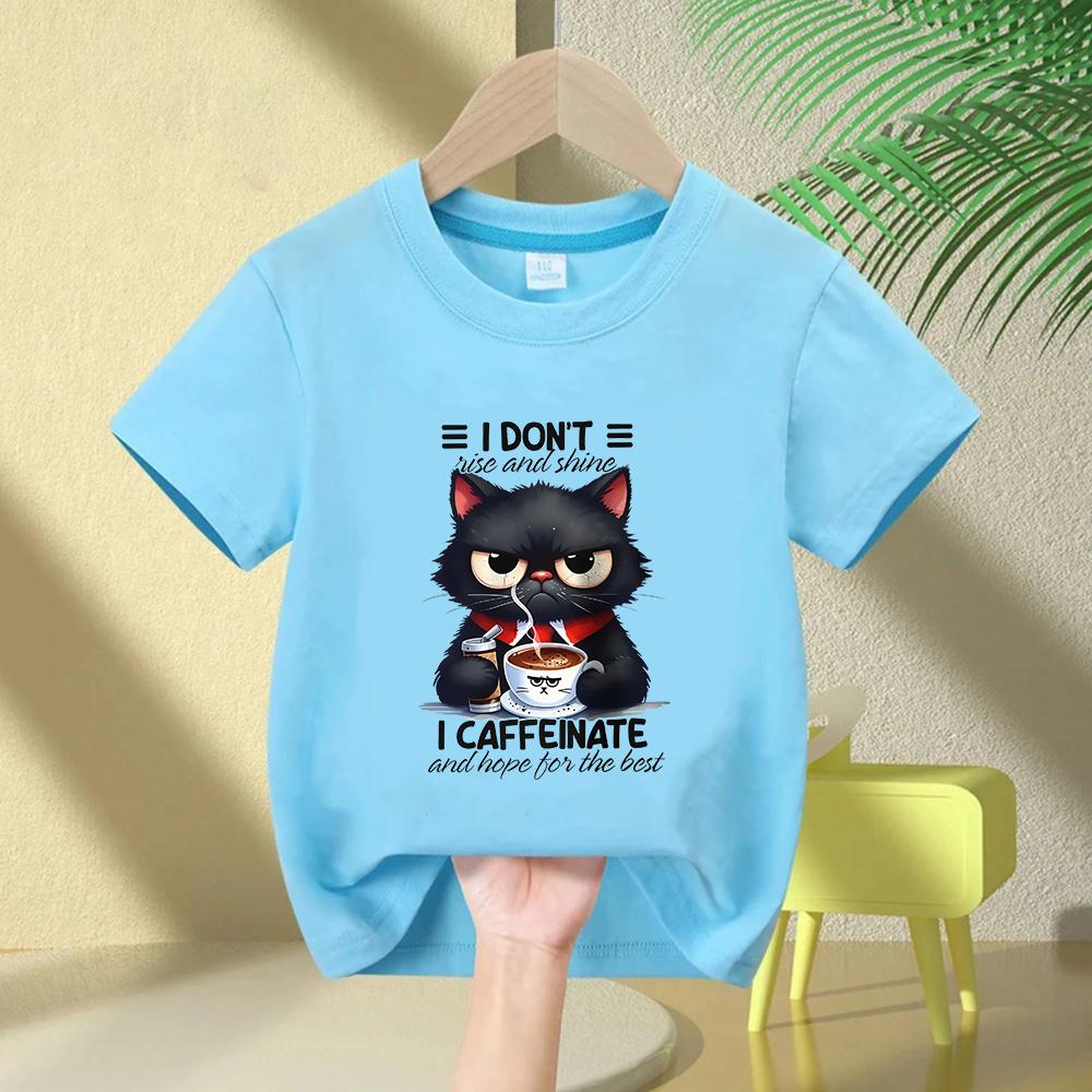 Coffee Loving Cat Print Kids 100 Cotton TShirt Soft Breathable Round Neck Short Sleeve Tee Boysgirls Quirky Style