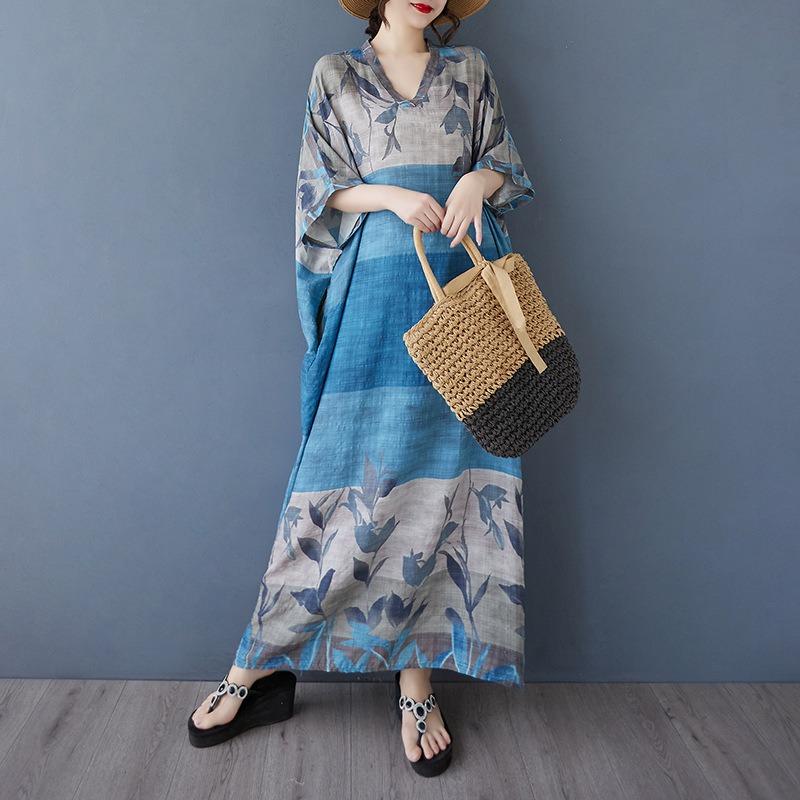 Real Summer New Color Vacation Style Travel V-neck Retro Long Dress Covering Meat Cotton and Linen Dress Women's Clothing