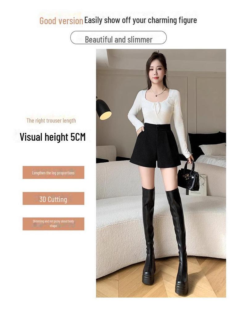 Dámské vlněné šortky s vysokým pasem ve střihu A - Korejský styl, volný střih, ideální na jaro/podzim