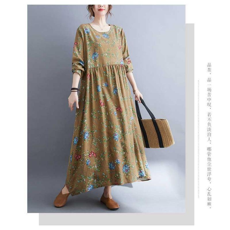 New Literary Plus Size Printed Long Sleeve Ethnic Style Dresses