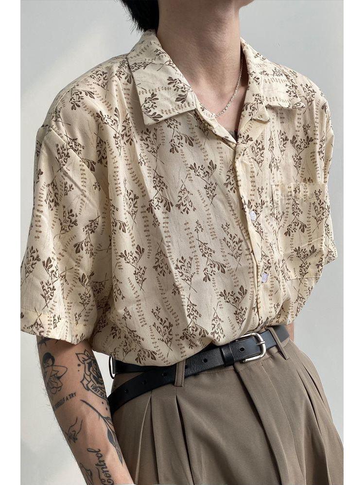 

Мужская винтажная рубашка с короткими рукавами и цветочным узором в стиле кубинского воротника L абрикосовый