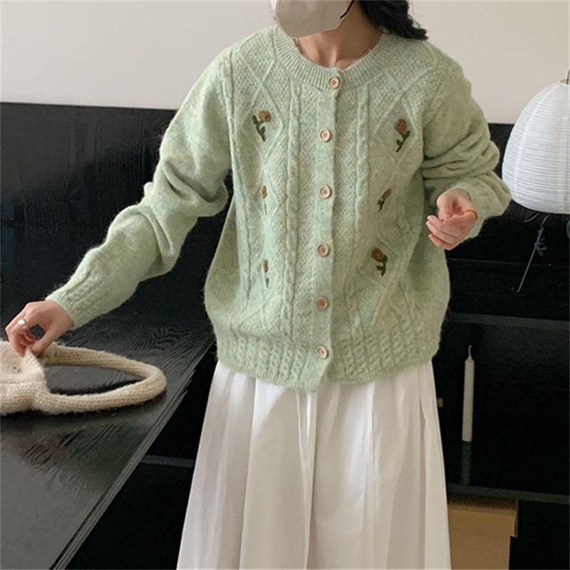 Sweater Jacket Women's Knitted Cardigan Autumn Clothing New Women's Clothes Long Sleeve Crew Neck Embroidered Top