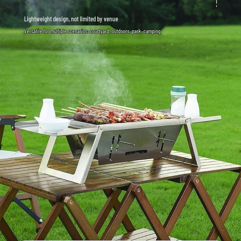 Compact Stainless Steel Outdoor Charcoal BBQ Grill with Skewer Rack and One-Second Folding Design