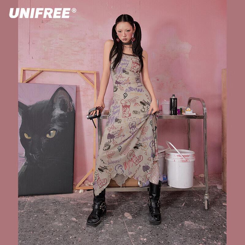UNIFREE Graffiti Print Faux Two-Piece Summer Dress XL