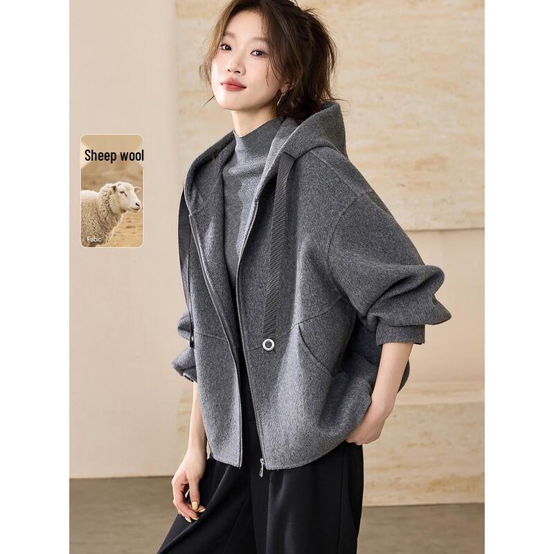 

Women s Relaxed Fit Hooded Double-Sided Wool Coat L