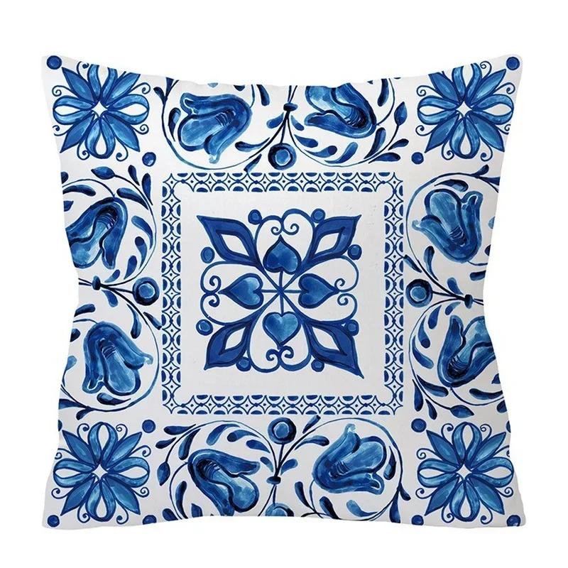 Aquarell Blau Kissenbezug Geometrie Ethnisch Floraler Druck Kissenbezug Modernes Boho Dekor Wohnzimmer Sofa Kissenbezug 45*45cm