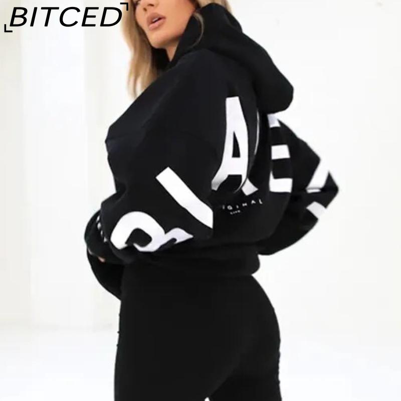 BITCED Damenmode Print Verdicktes Vielseitiges Langarm Oversize Kapuzensweatshirt