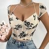 European-American Spicy Girl See-through Low-cut Lace-up Flocked Short Tank Top K0652