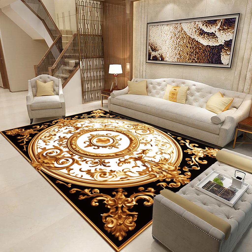 Goldener Schwarzer Teppich für Wohnzimmer Luxus Große Fläche Dekoration Bodenmatte Moderne Teppiche Rutschfest Weich Waschbar Schlafzimmer Lounge Teppich